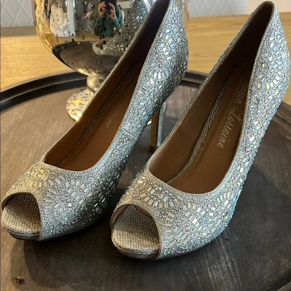 Lauren Lorraine Glittering Silver Rhinestone Peep Toe Heels 6 1/2 - Picture 8 of 11